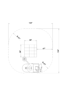 Reference drawing showing all measurements of the BestPack MS300-95 stretch wrapper from up above when it wraps a pallet. 