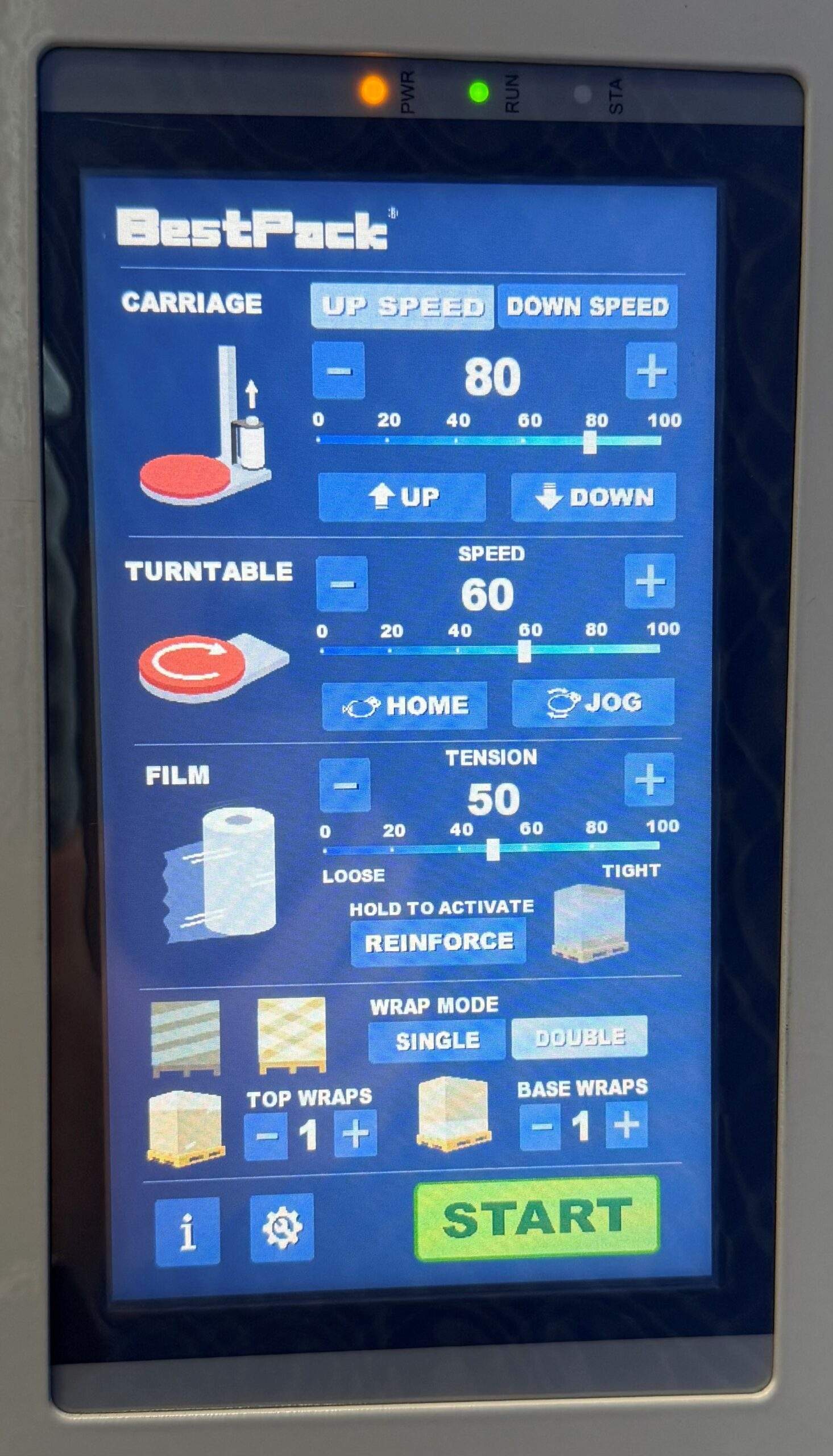 Reference close up photo showcasing the BestPack CBM S250i stretch wrapper touchscreen control panel.